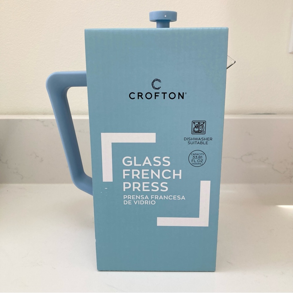 Crofton Glass French Press with Blue Handle, 33.81 oz capacity